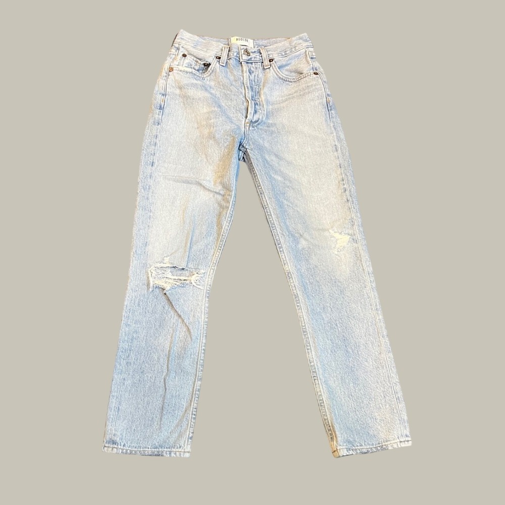 Agolde High Rise Straight Leg Distressed Jeans Light Wash Size 24 Made in USA